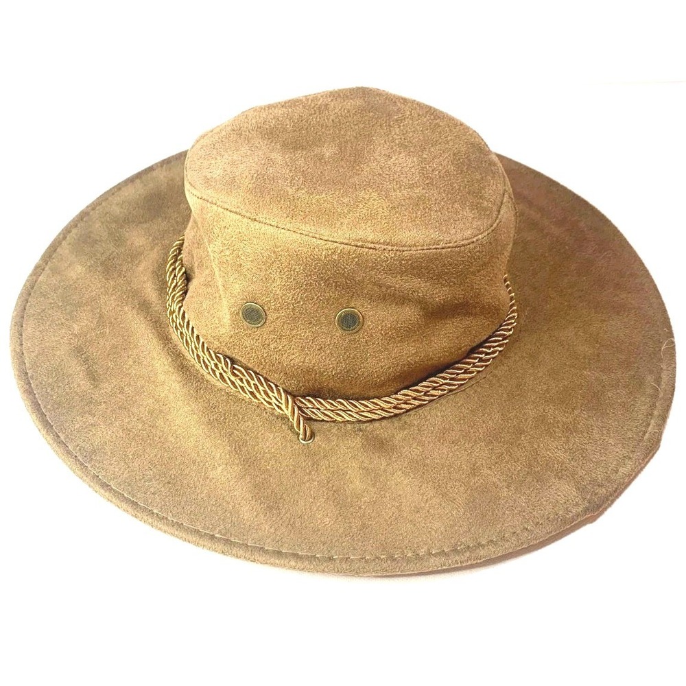 Brown Faux Suede Outback Hat Wide Brim Safari Adventure Hiking Chin Strap OS